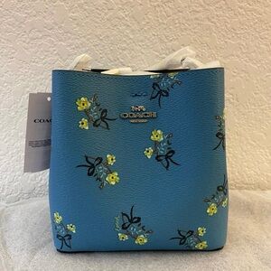 Coach Mini Town Women's Bucket Bag Blue Bag with Yellow Floral Design